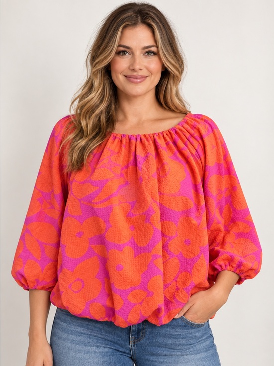THML Tops - THML Floral Off Shoulder Blouse Women’s M Pink Orange NWT Boho Balloon Sleeve